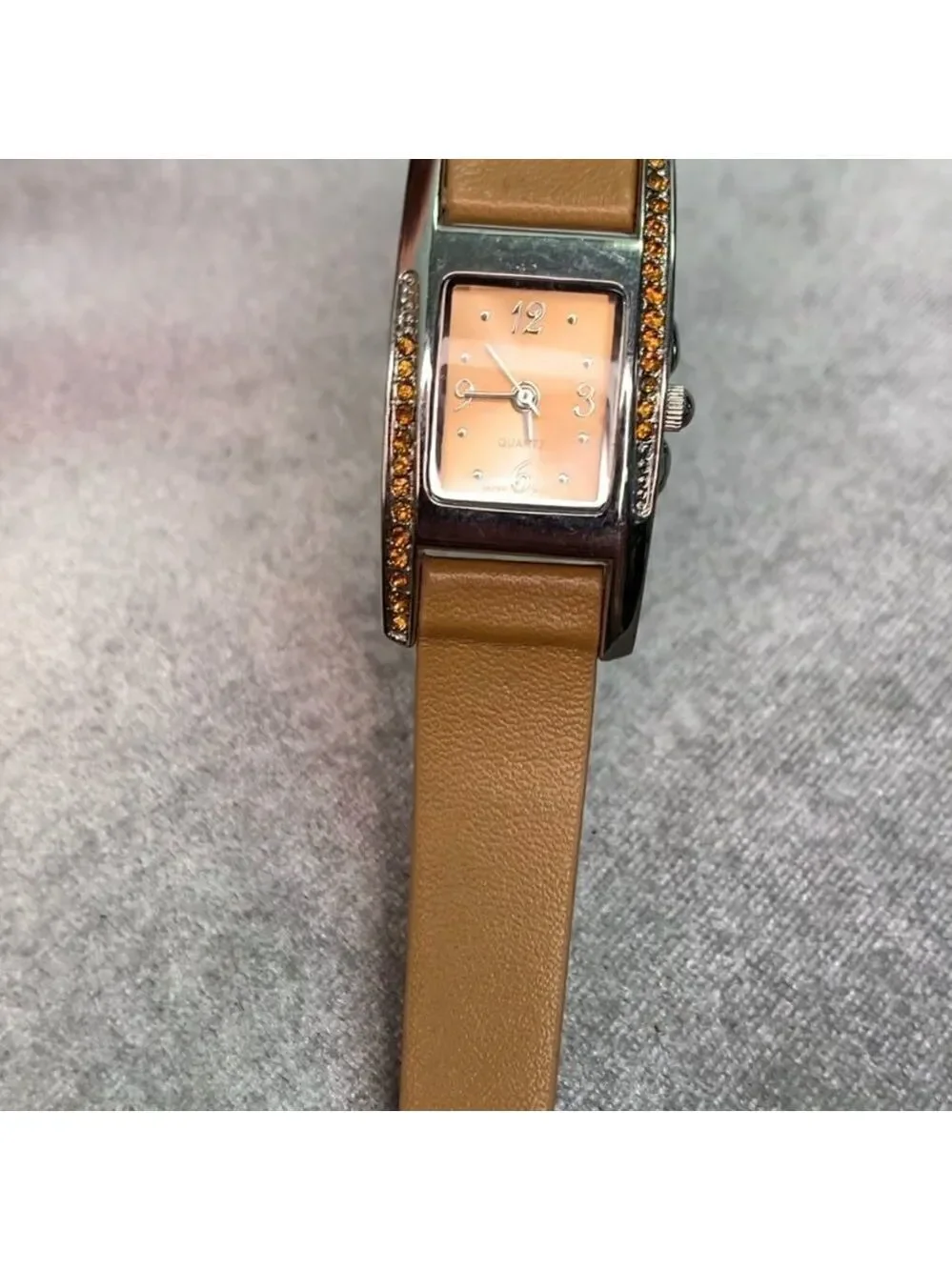 Quartz camel coloured rectangular crystal rhinestone trim watch